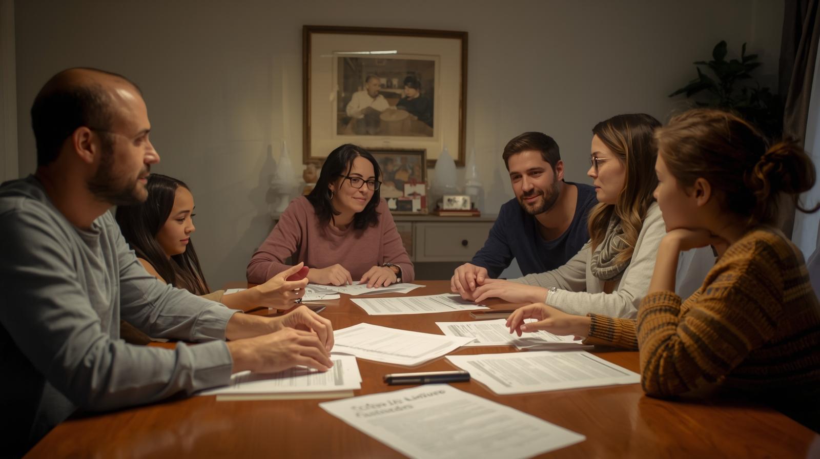 Smiling multigenerational family discussing estate plans at home
