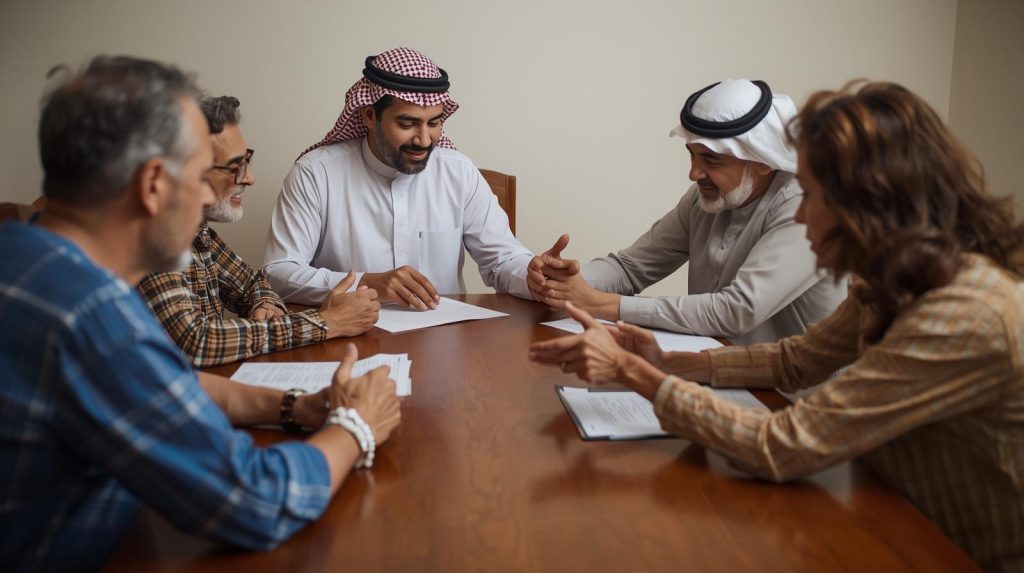 A family holding hands or sitting around a table with papers discussing estate plans