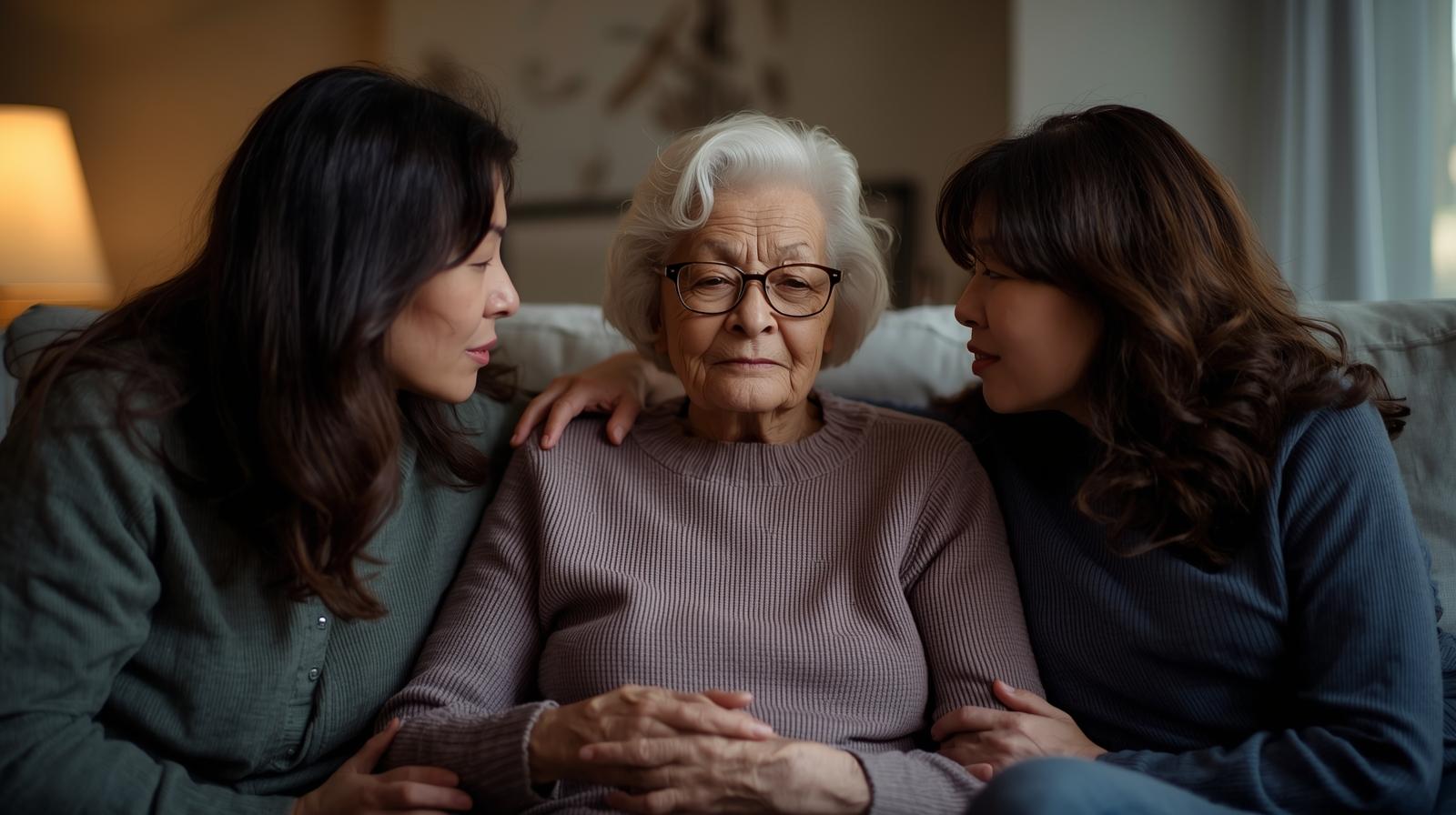 Elderly woman talking with her adult children about end-of-life wishes