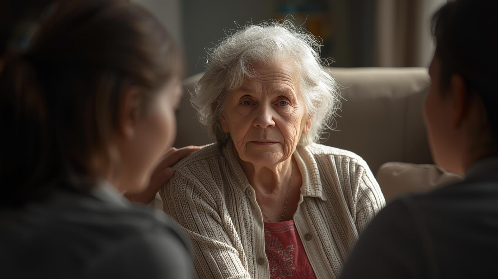 Elderly woman talking with her adult children about end-of-life wishes