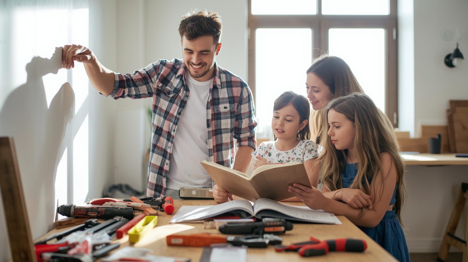Diverse family learning home maintenance tips for new homeowners
