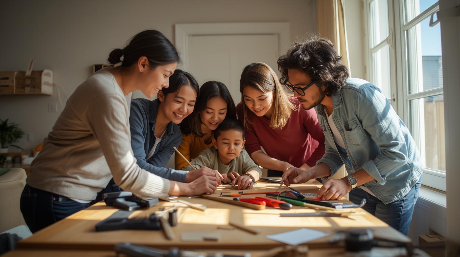 Diverse family learning home maintenance tips for new homeowners
