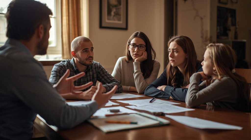 Family discussing foreclosure prevention options at home with a housing counselor