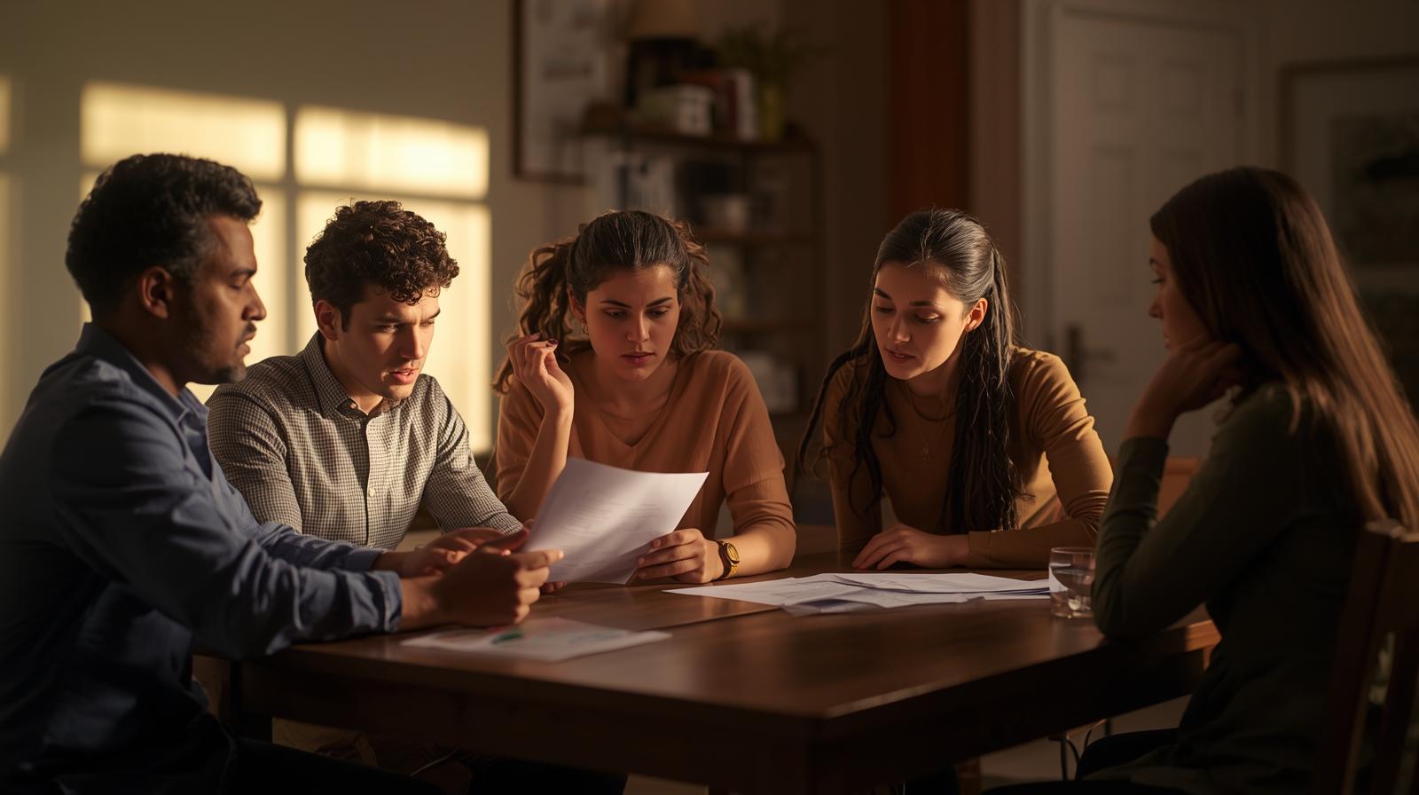 Family discussing foreclosure prevention options at home with a housing counselor