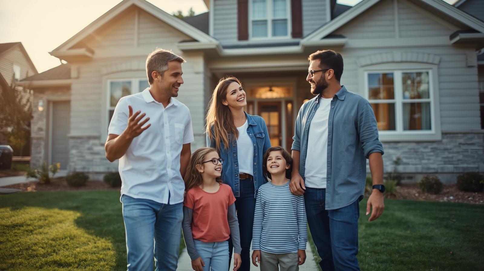 Smiling family in front of their new home, discussing hidden costs of homeownership