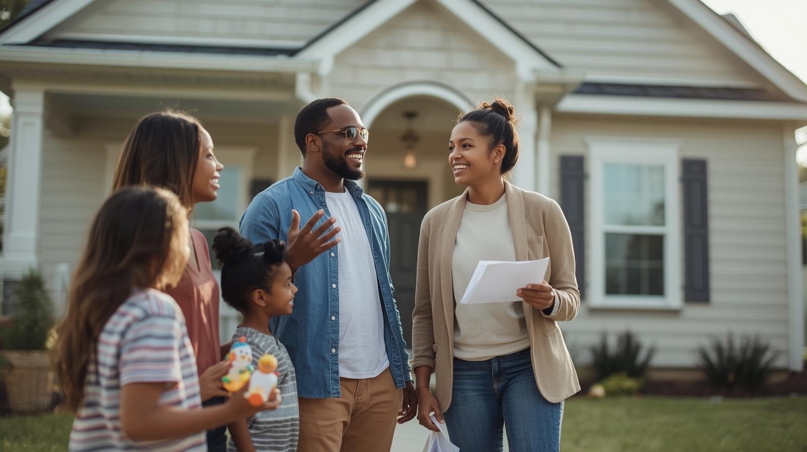 Smiling family in front of their new home, discussing hidden costs of homeownership