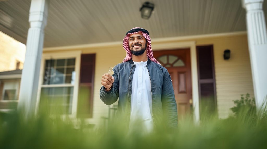 Smiling first-time homebuyer family outside new home