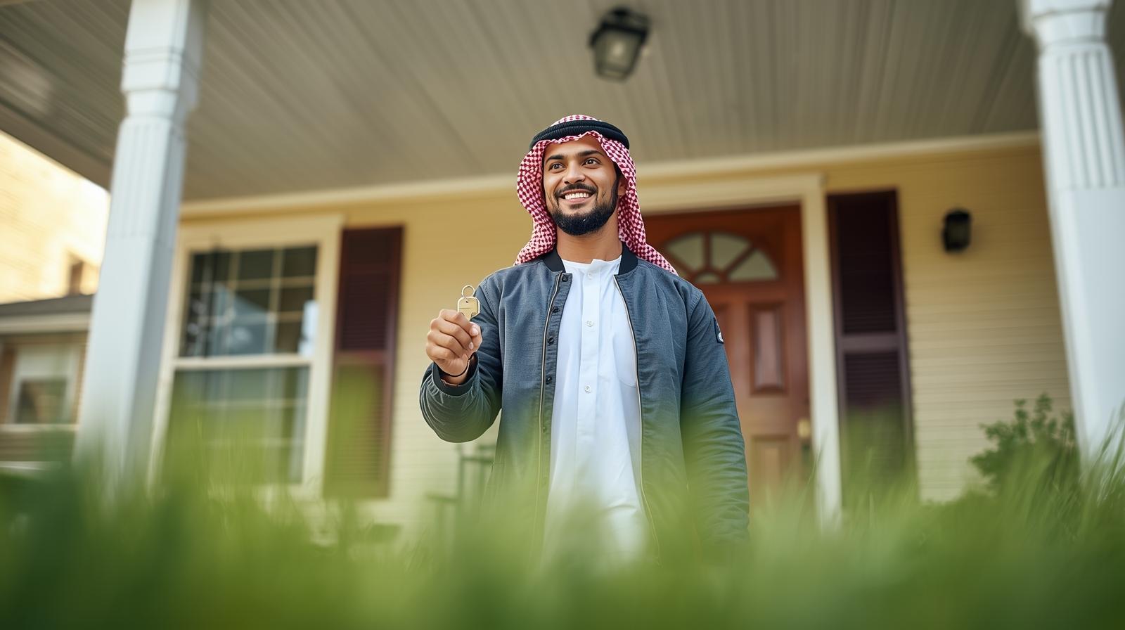 Smiling first-time homebuyer family outside new home