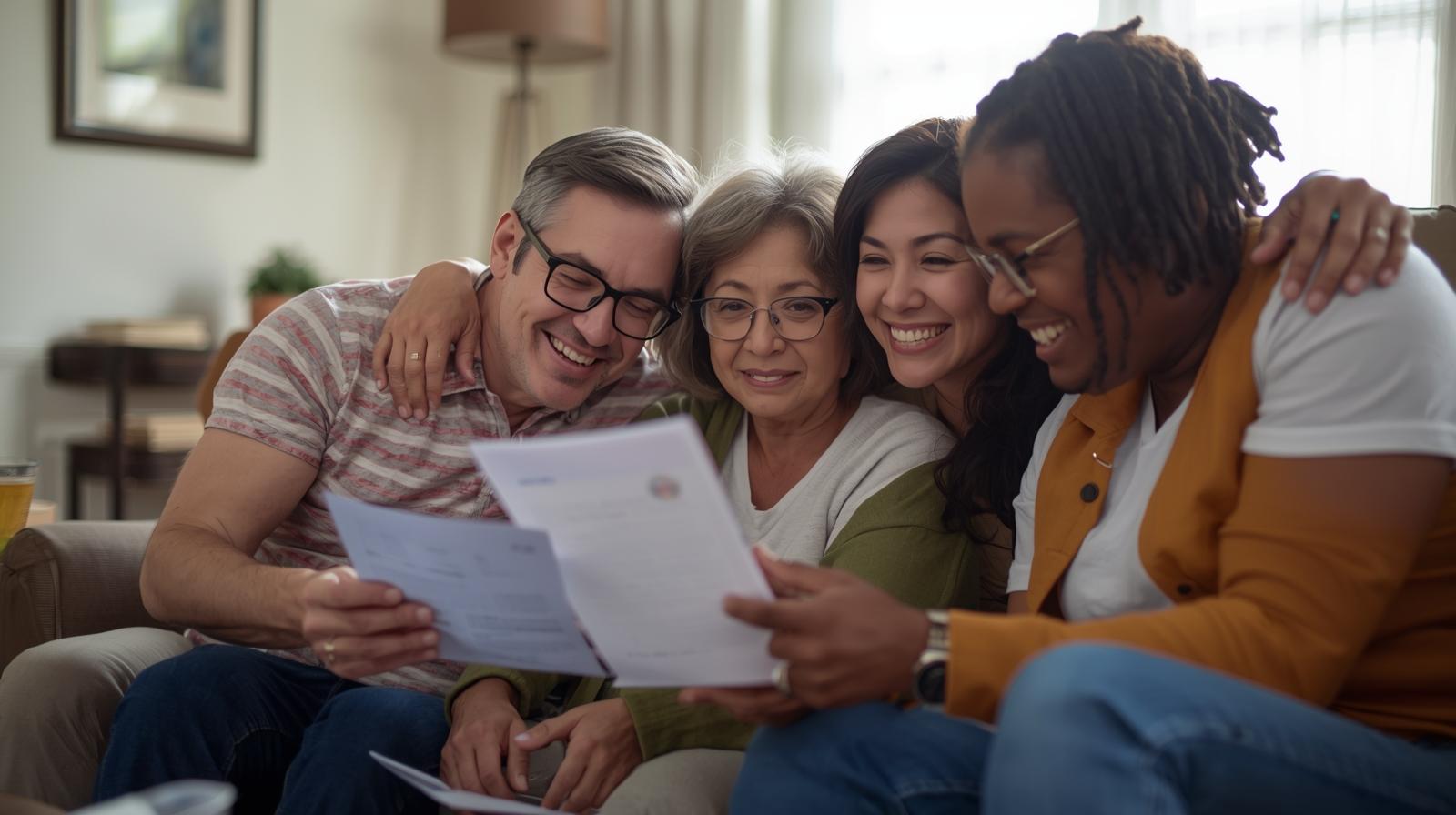 Family hugging and smiling while reviewing end-of-life planning documents together.
