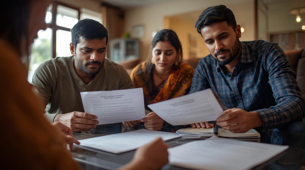 Family reviewing estate planning documents together at home