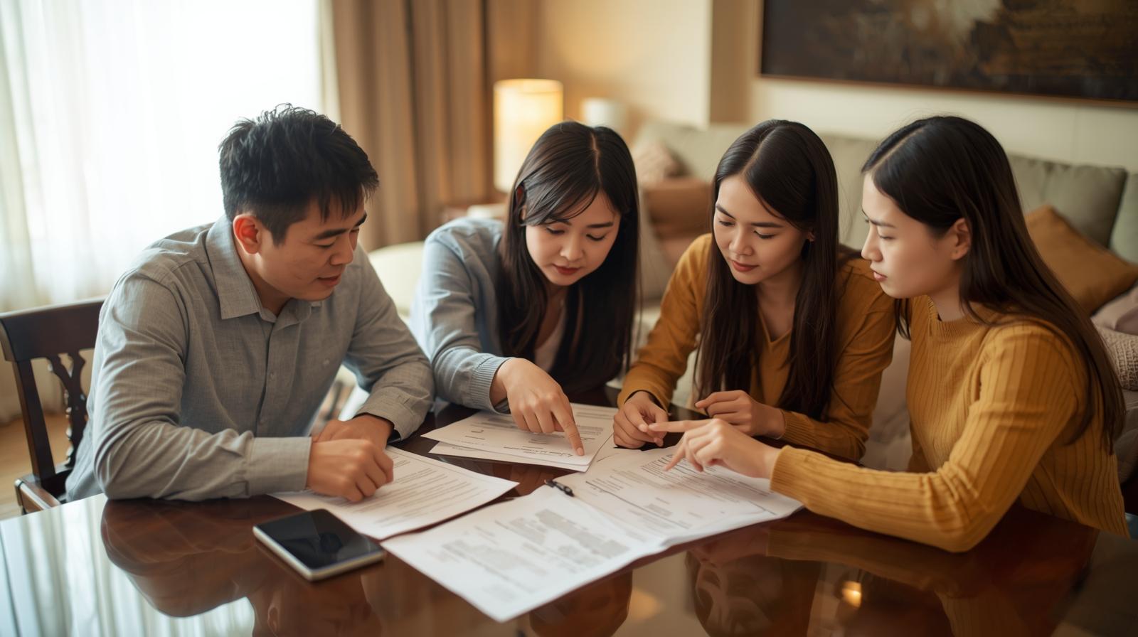 Family reviewing estate planning documents together at home