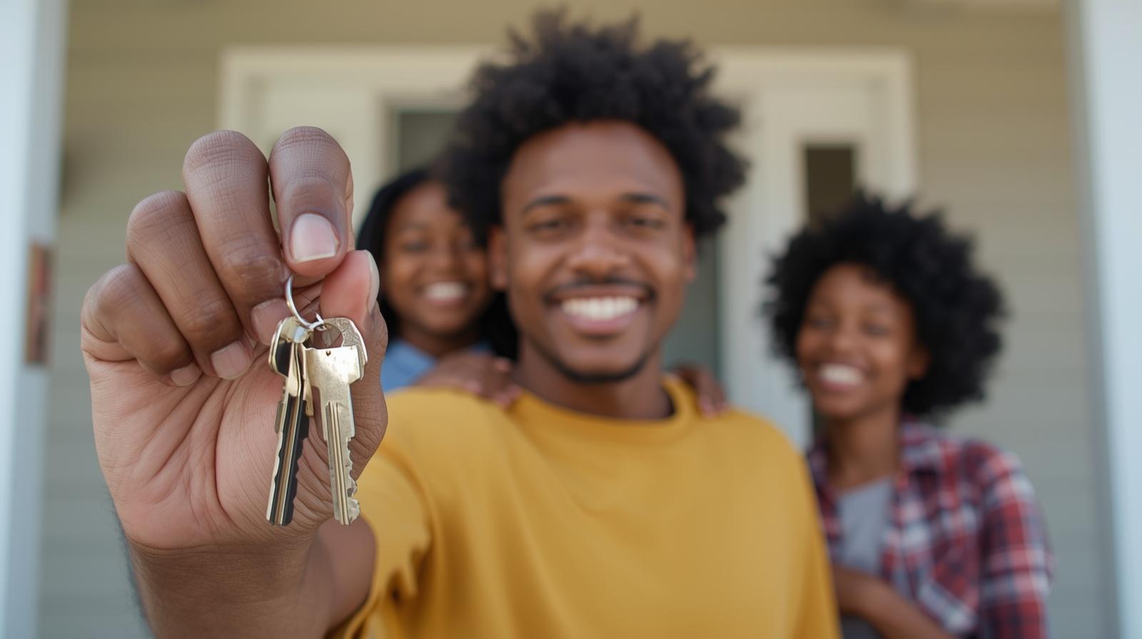 Smiling first-time homeowner family standing in front of their new house with keys in hand – homeownership myths debunked