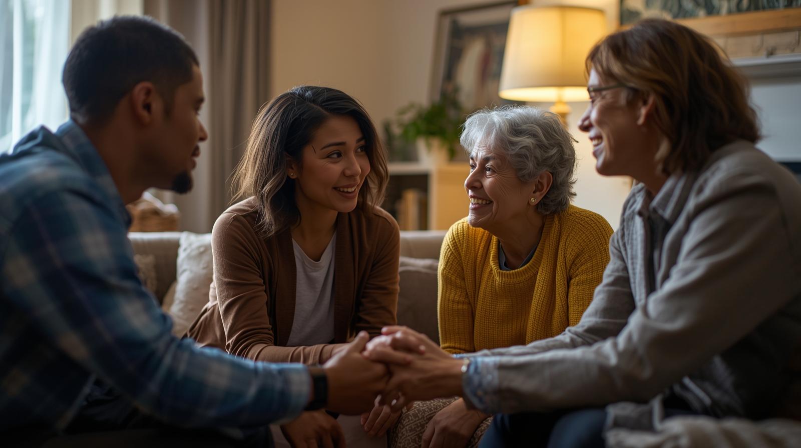 Family holding hands and talking together at home – discussing end-of-life planning. 