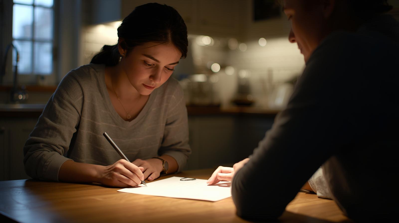 A young adult helping a parent fill out a form