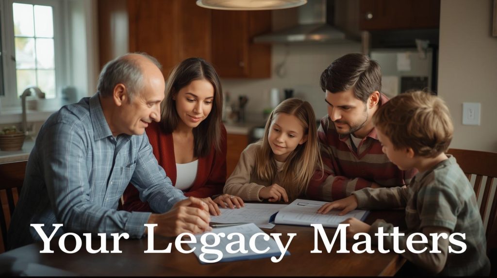 Family sitting together at the kitchen table reviewing estate planning documents—your legacy matters.