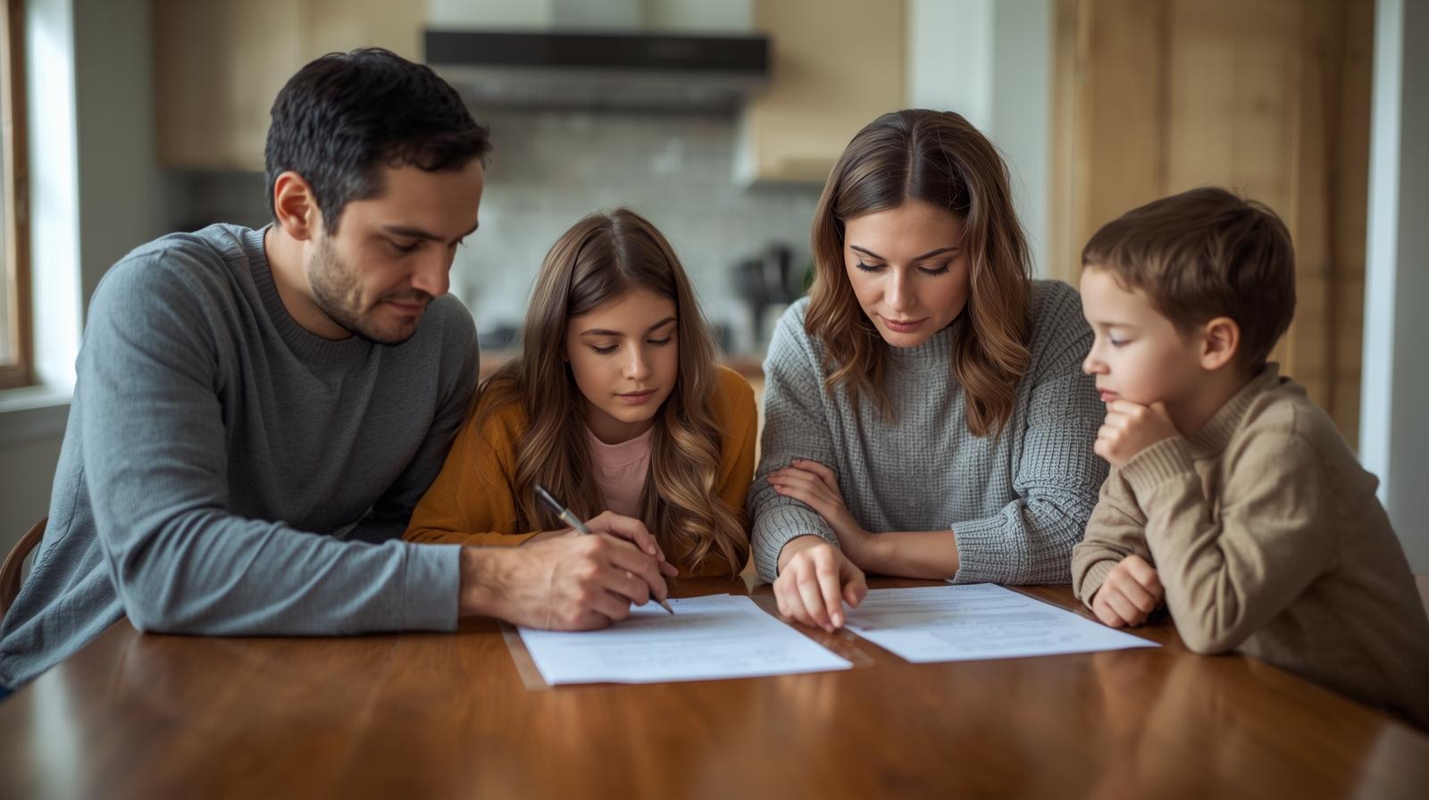 Family sitting together at the kitchen table reviewing estate planning documents—your legacy matters.