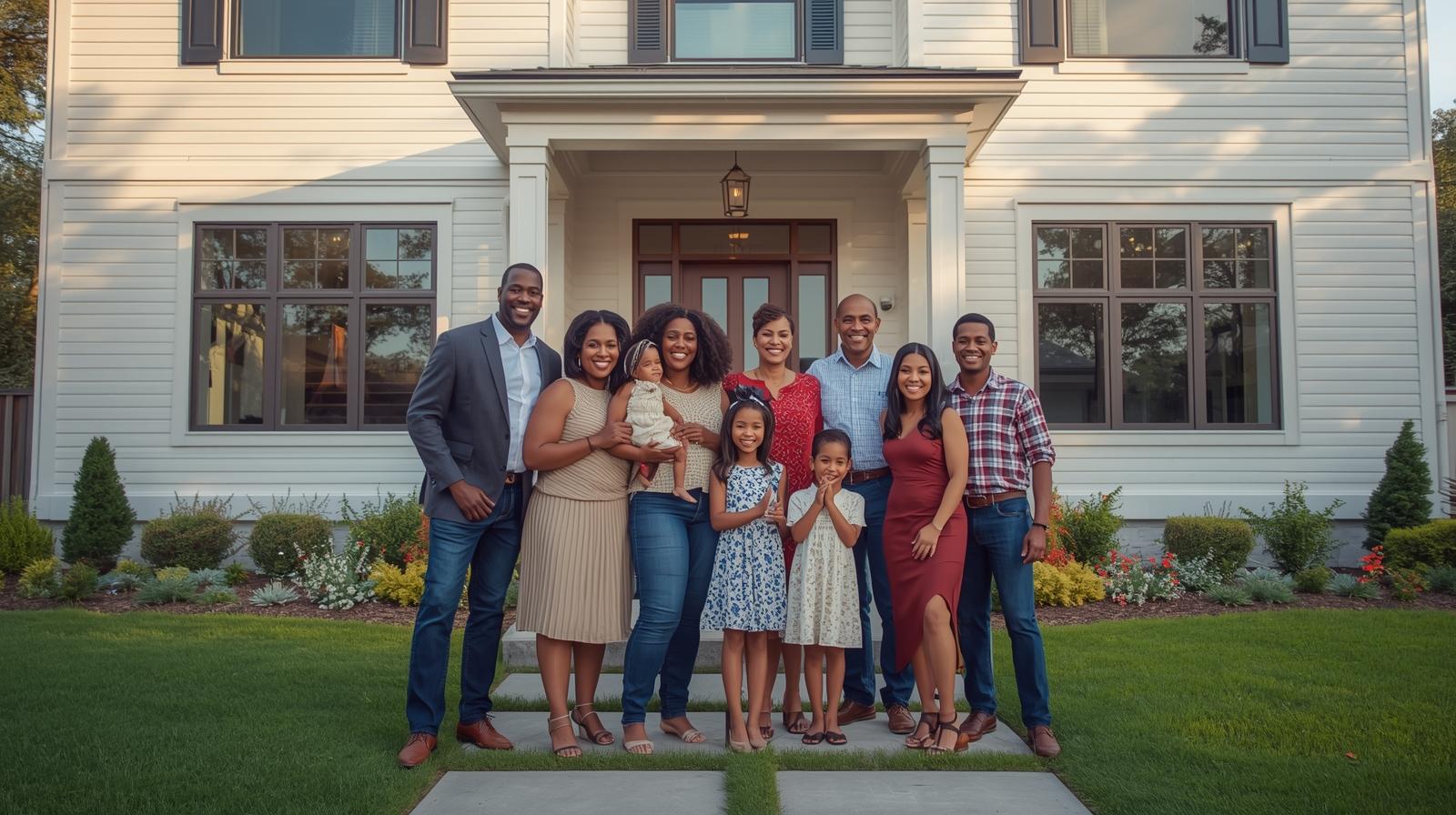A multigenerational Black or Latino family standing in front of a newly renovated home
