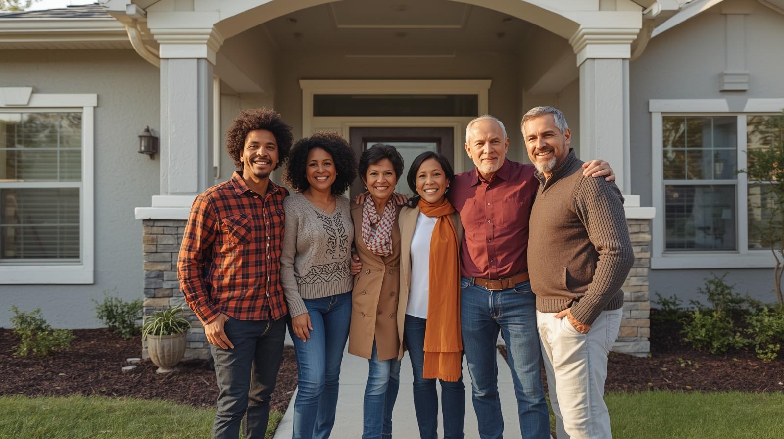 A multigenerational Black or Latino family standing in front of a newly renovated home
