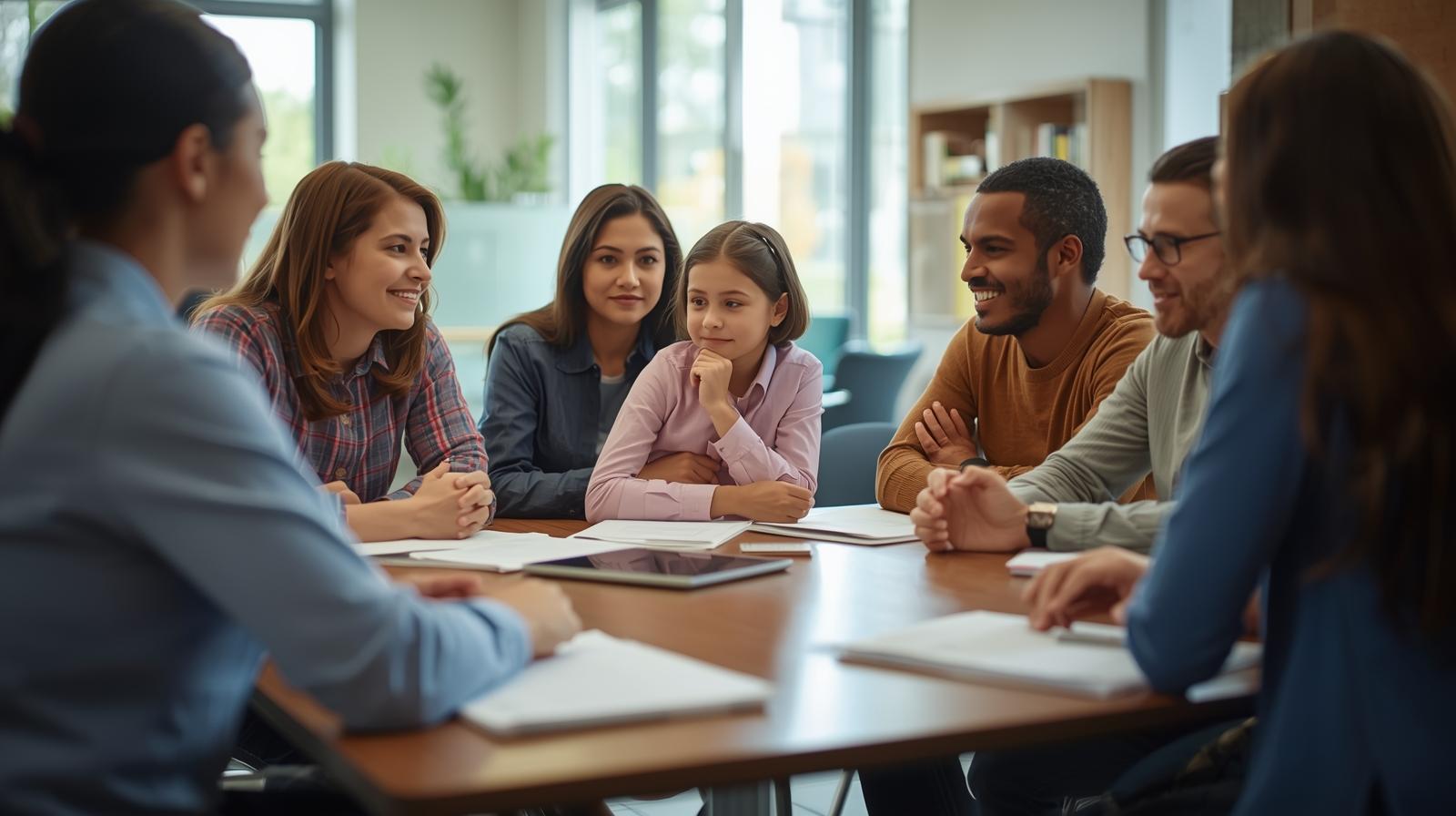 Diverse families meeting with advisors, planning peacefully