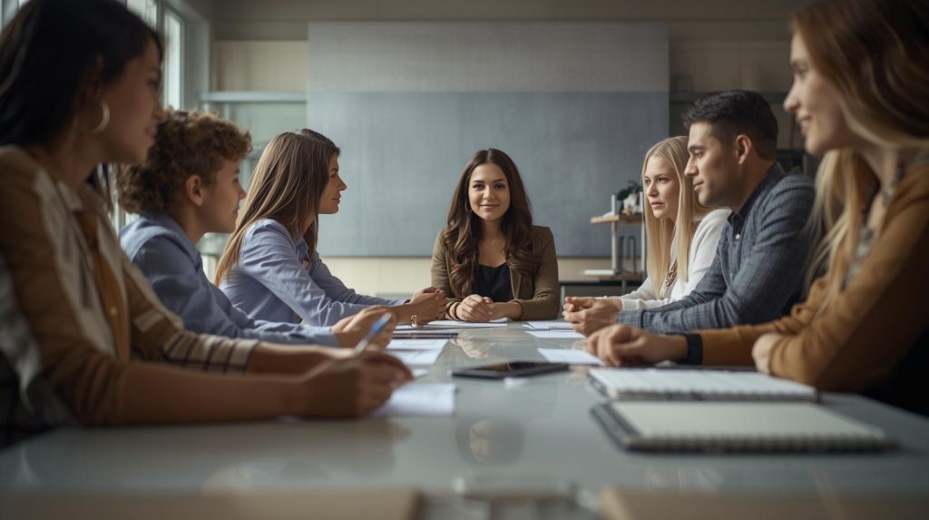 Diverse families meeting with advisors, planning peacefully