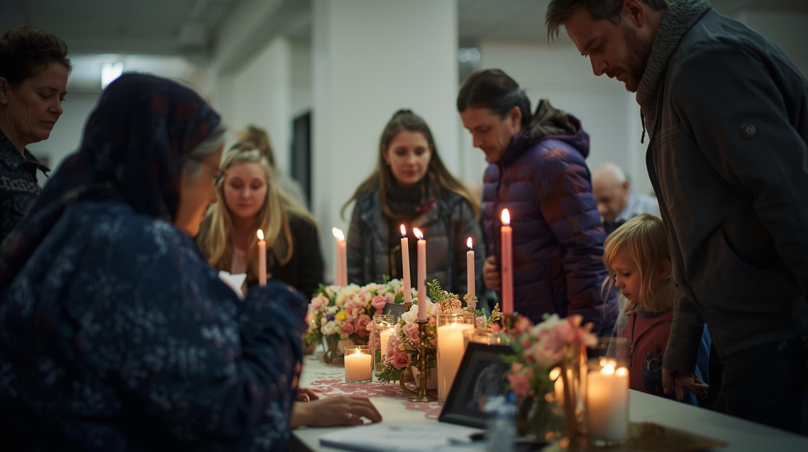 A warm, multigenerational family at a memorial table, reflecting quietly with photos and candles