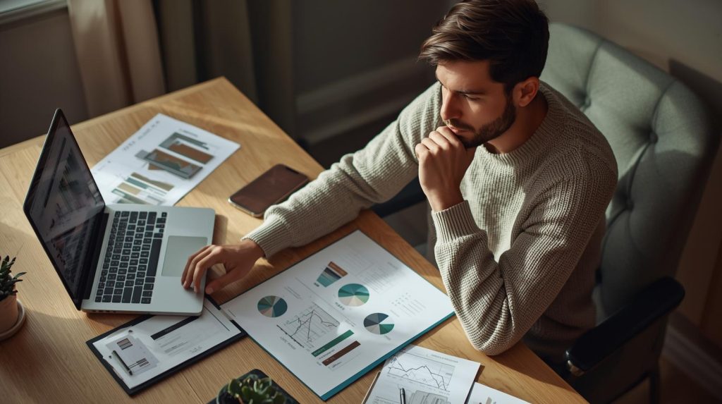 Young adult reviewing financial planning steps at home