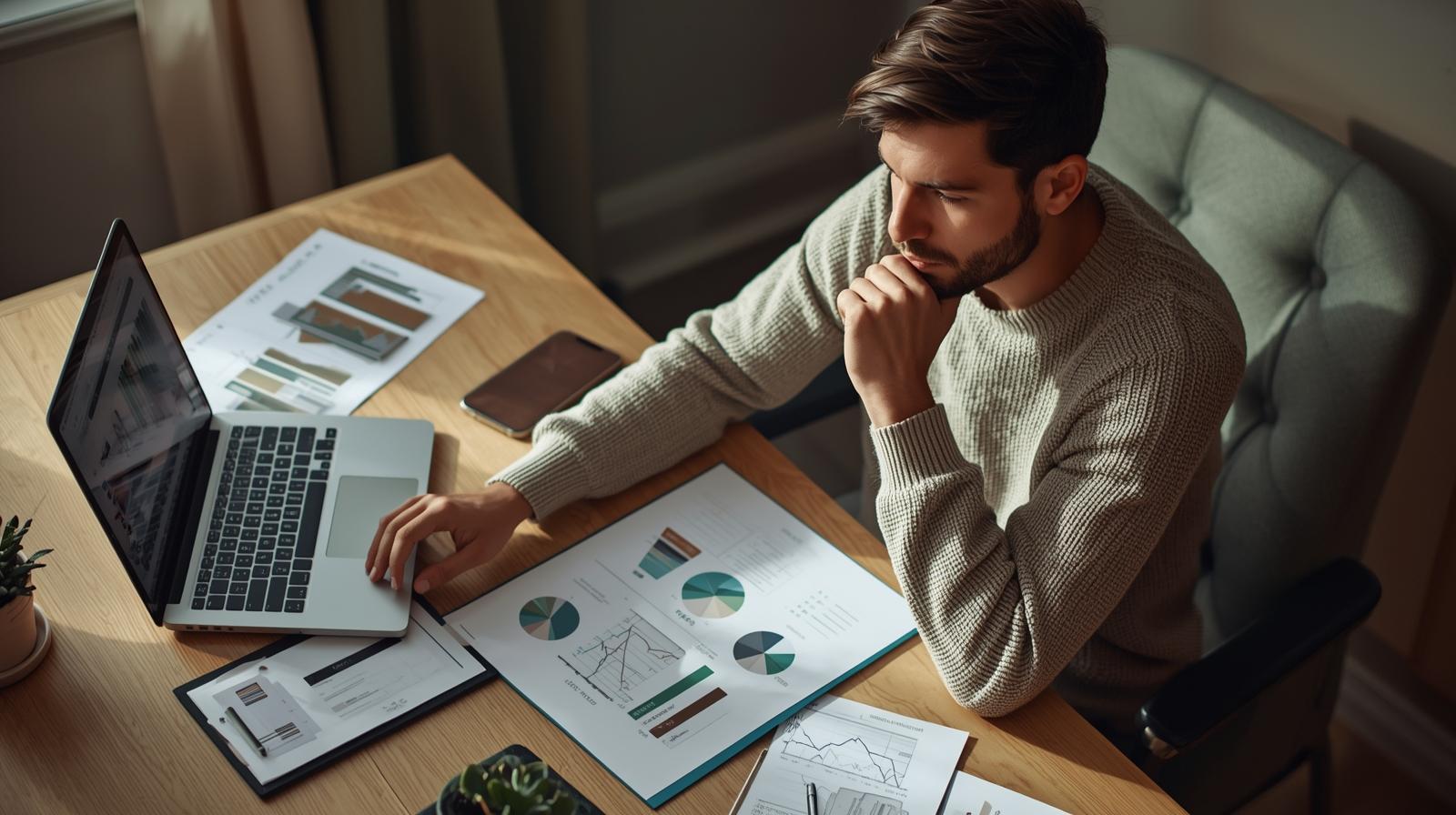 Young adult reviewing financial planning steps at home