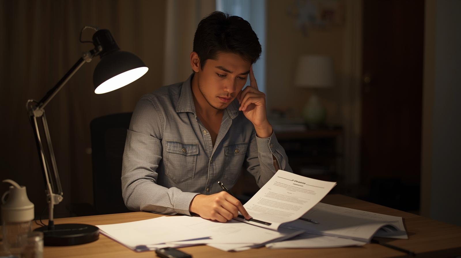 Young adult reviewing financial planning steps at home 