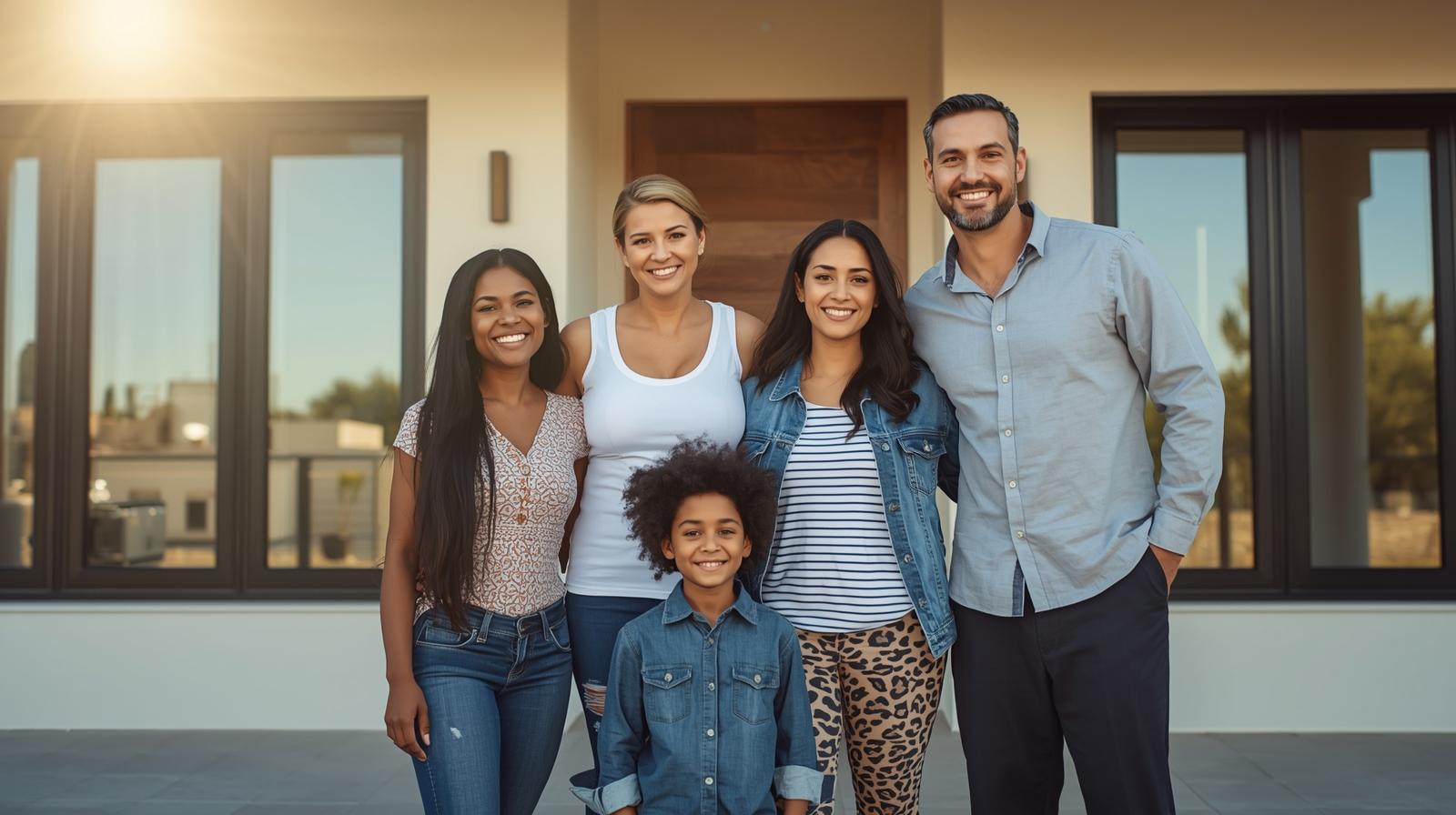 Smiling family standing outside a new home – From Fear to Empowerment with B’resheet