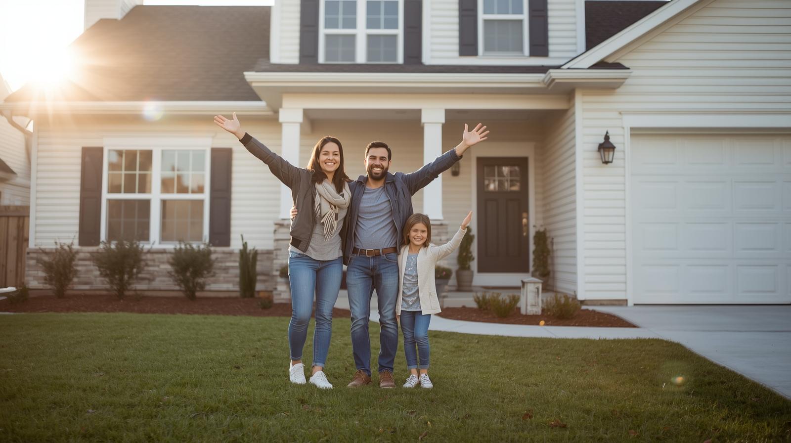 Smiling family standing outside a new home – From Fear to Empowerment with B’resheet
