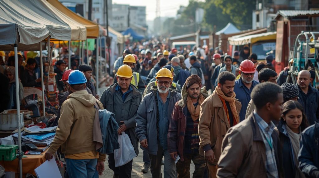 Community gathering outside newly developed affordable homes – real estate development can empower communities