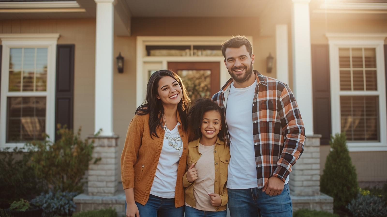 Smiling family in front of their new home showing housing stability and mental health benefits