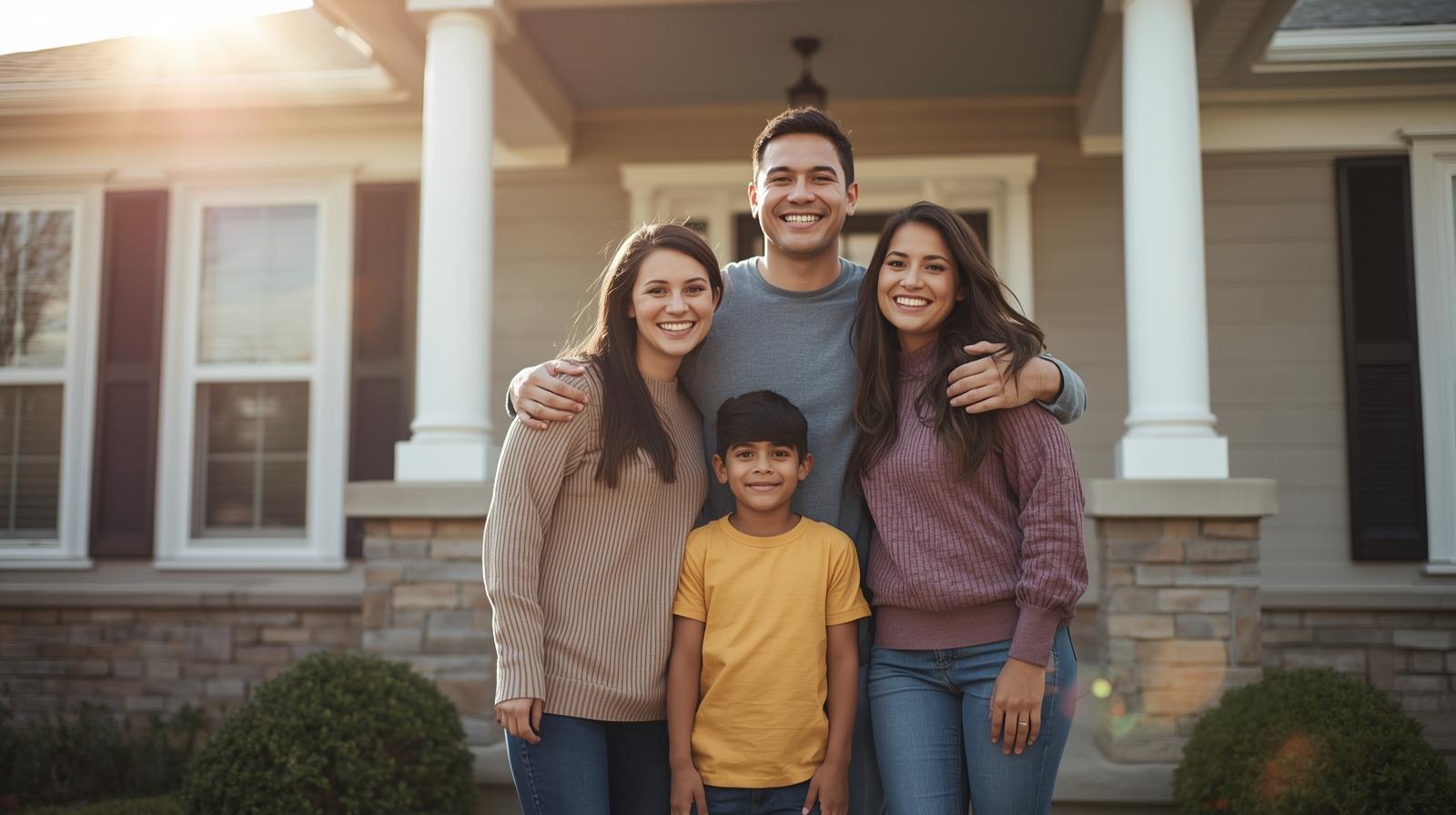 Smiling family in front of their new home showing housing stability and mental health benefits