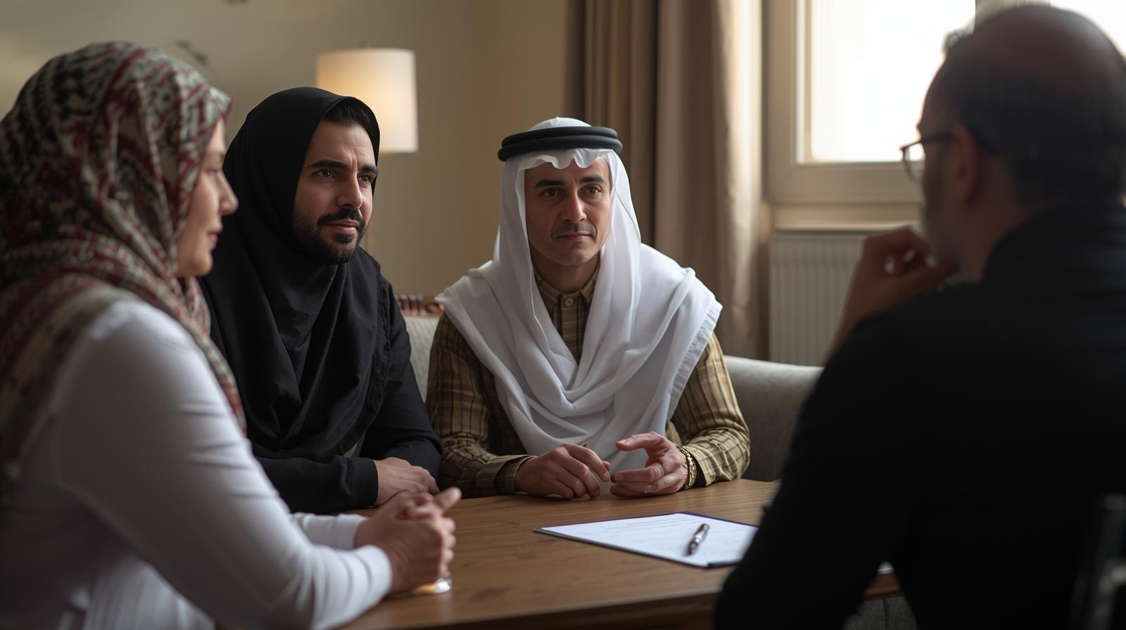 Family discussing burial vs. cremation options with a counselor
